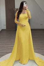 Square Neck Long Sleeves High Waist Long Pleated Mermaid Prom Dress With Beadings And Ruffles YS0057