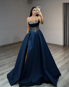 Satin Sweetheart Sleeveless Long Pleated A-Line Prom Dress With Rhinstone And Split YK0584