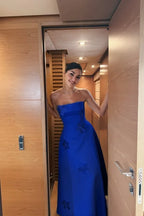 Cocoslly Strapless Sleeveless High Waist Long Prom Dress With Appliques | Mist Blue Satin WQ0251