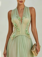 Green Chiffon V Neck Sleeveless A-Line Floor-length Gown Dress