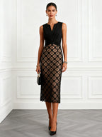 Black 3D Floral Classic Notched Sleeveless Sheath Midi Dress