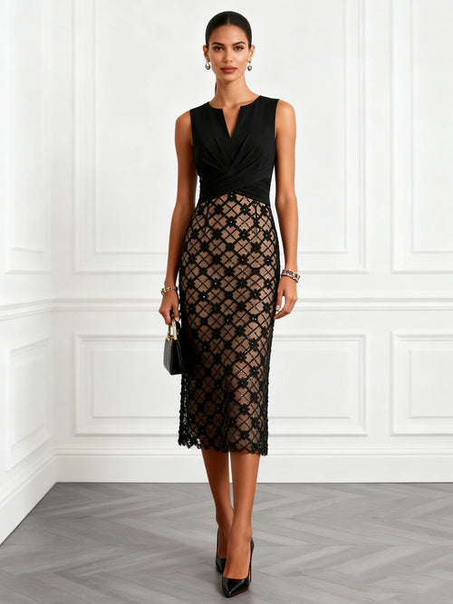 Black 3D Floral Classic Notched Sleeveless Sheath Midi Dress