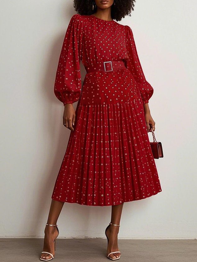 Red Pleated Polka Dots Classic Crew Neck Long Balloon Sleeve A-Line Midi Dress