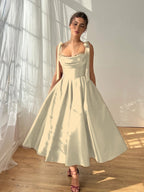Satin Strapless Spaghetti Straps Sleeveless Pleated A-Line Prom Dress With Pleated And Bows YK0612