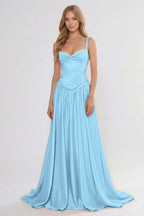Cocoslly Spaghetti Straps Sleeveless High Waist Long Prom Dress With Appliques | Pink Satin