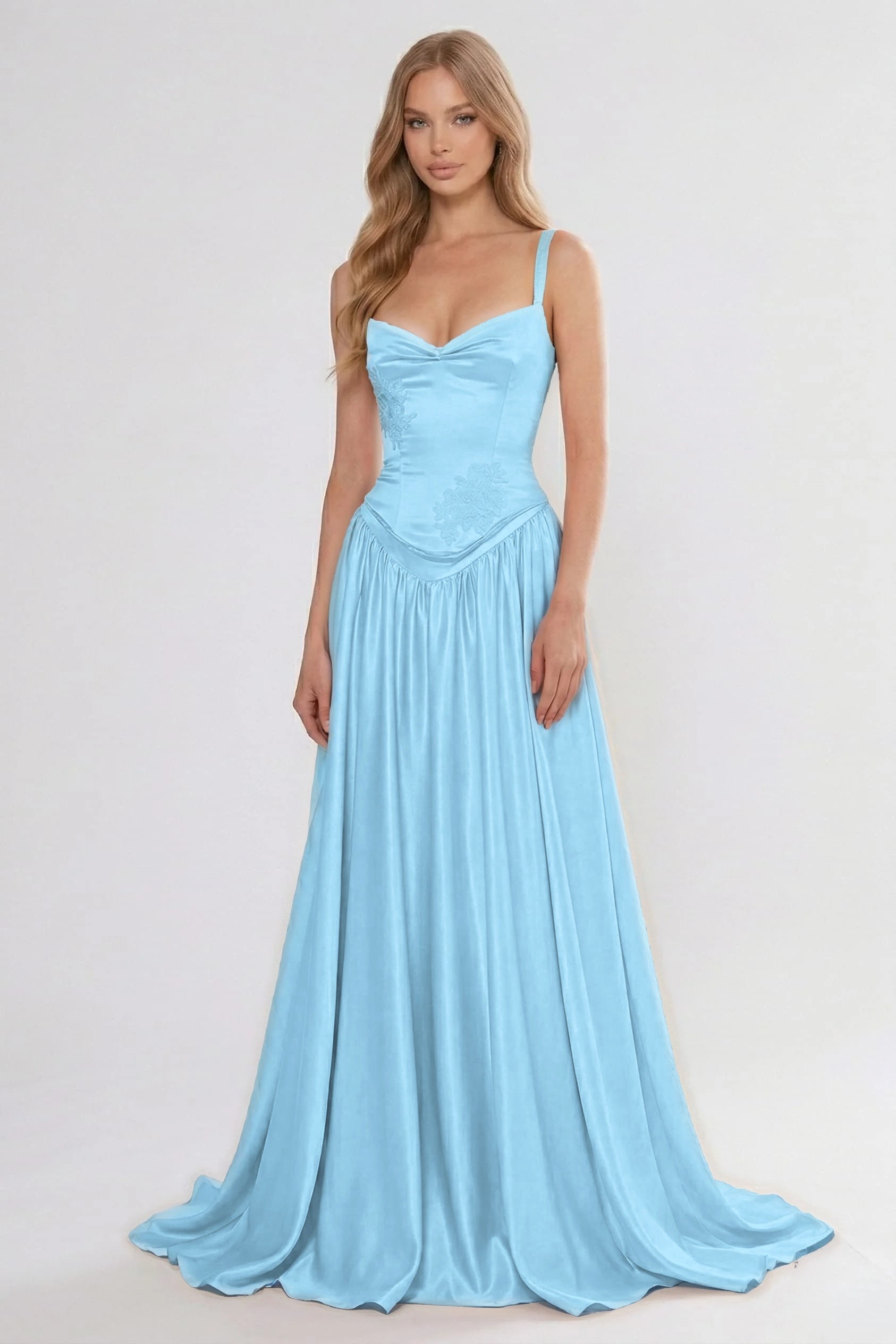 Cocoslly Spaghetti Straps Sleeveless High Waist Long Prom Dress With Appliques | Pink Satin