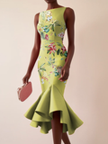 Green Floral Boat Neck Sleeveless Mermaid Midi Dress