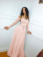 Tulle Off-The-Shoulder Strapless Long Sleeves Long A-Line Prom Dress With Sequins YK0629