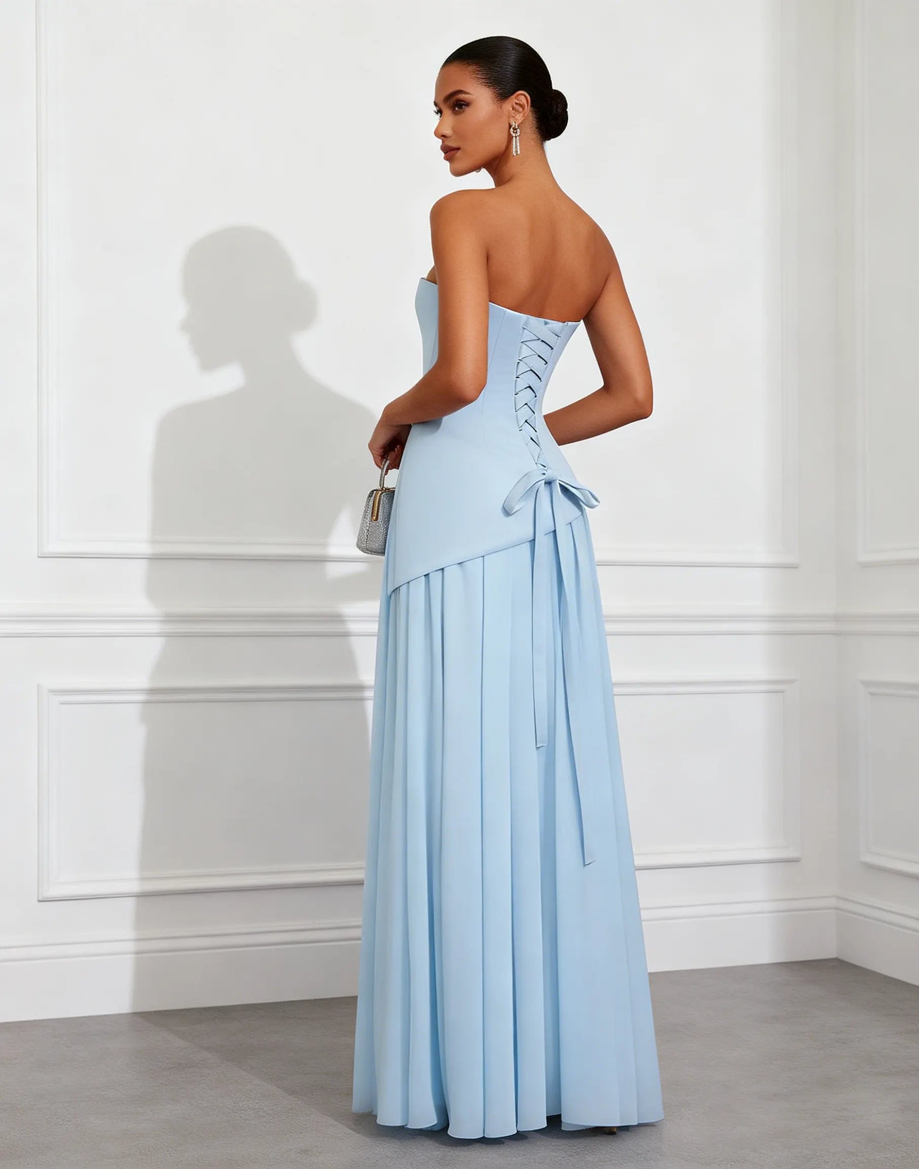 Light Blue Ruched Classic Strapless Sleeveless A-Line Gown Dress