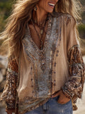 Vintage Leopard Print Fabric Spliced Cotton-linen Long Sleeve Top