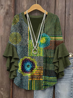 Women's Vintage Patchwork Art Print Flowy Linen Blend Casual V-neck Ruffle Blouse