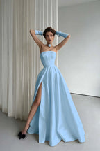 Cocoslly Strapless Sleeveless High Waist Long Prom Dress With Split And Gloves | Black Satin ZT0723