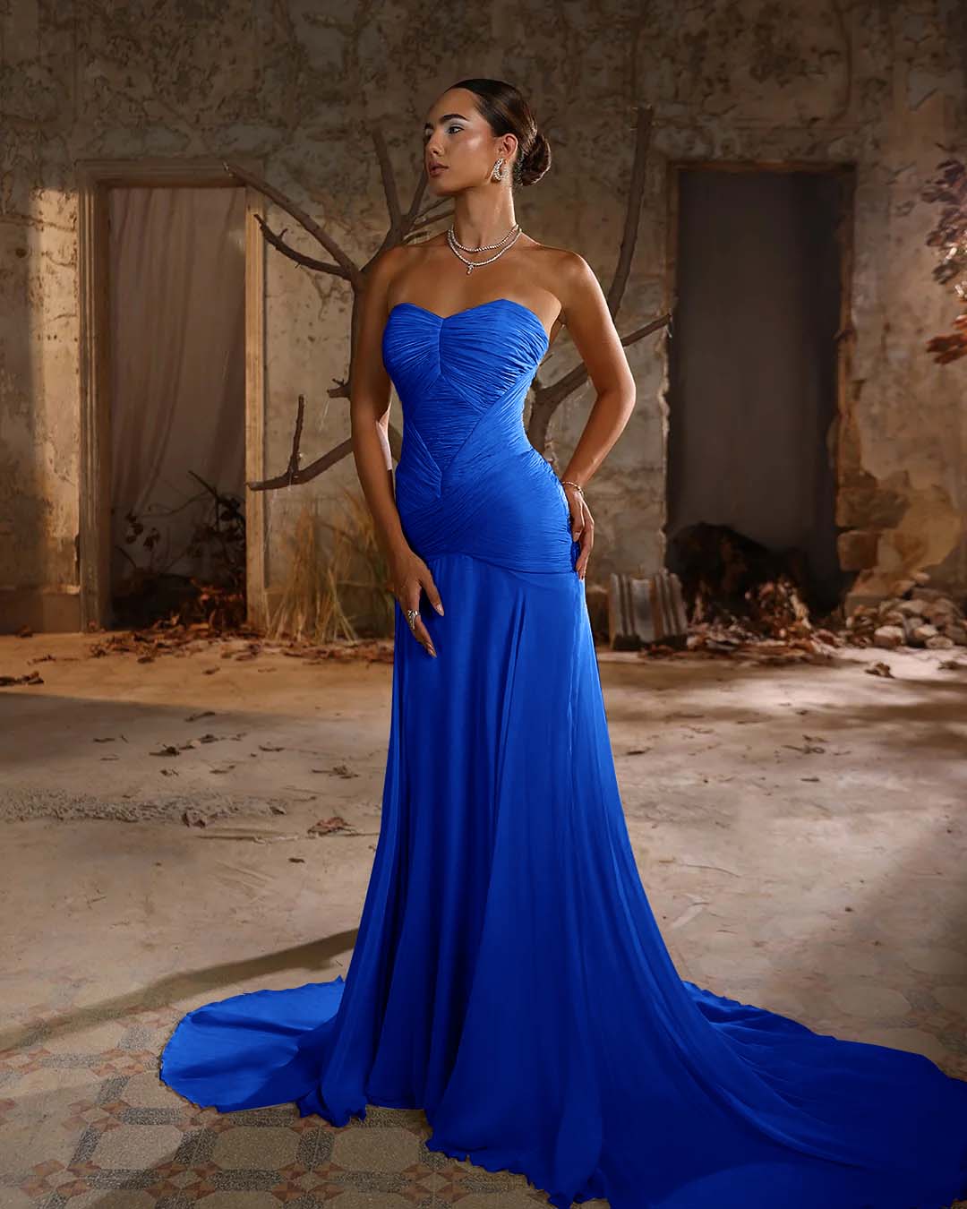 Chiffon Sweetheart Strapless Sleeveless Long Mermaid Prom Dress With Ruffles And Pleated YK0705
