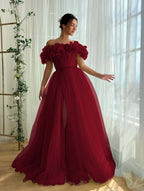 Tulle Off-The-Shoulder Strapless Sleeveless Long Pleated A-Line Prom Dress With Flower Appliques And Split YK0615