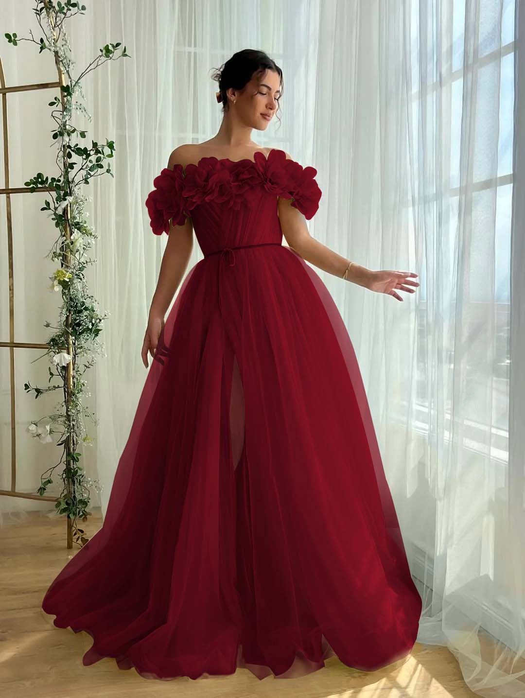 Tulle Off-The-Shoulder Strapless Sleeveless Long Pleated A-Line Prom Dress With Flower Appliques And Split YK0615