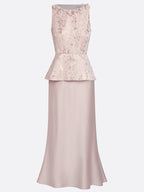 Pink Lace Jacquard 3D Floral Satin Crew Neck Sleeveless Sheath Maxi Dress