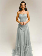 Tulle Square Neck Spaghetti Straps Strapless Sleeveless Long A-Line Prom Dress With Beadings YK0789