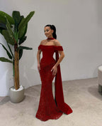 Cocoslly Off-The-Shoulder Long Pleated Mermaid Prom Dress With Beaded-Embroidered And Scarf | Dusty Sage Satin And Tulle ZA0306