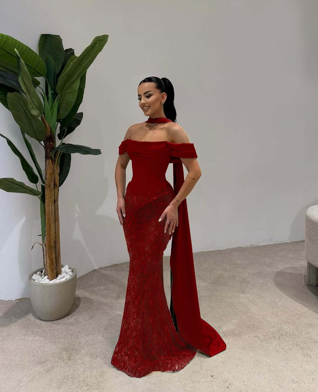 Cocoslly Off-The-Shoulder Long Pleated Mermaid Prom Dress With Beaded-Embroidered And Scarf | Dusty Sage Satin And Tulle ZA0306