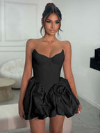 Cocoslly Strapless Sleeveless Short A-Line Pleated Prom Dress With Ruffles And Flower | Light Champage Satin ZA0278