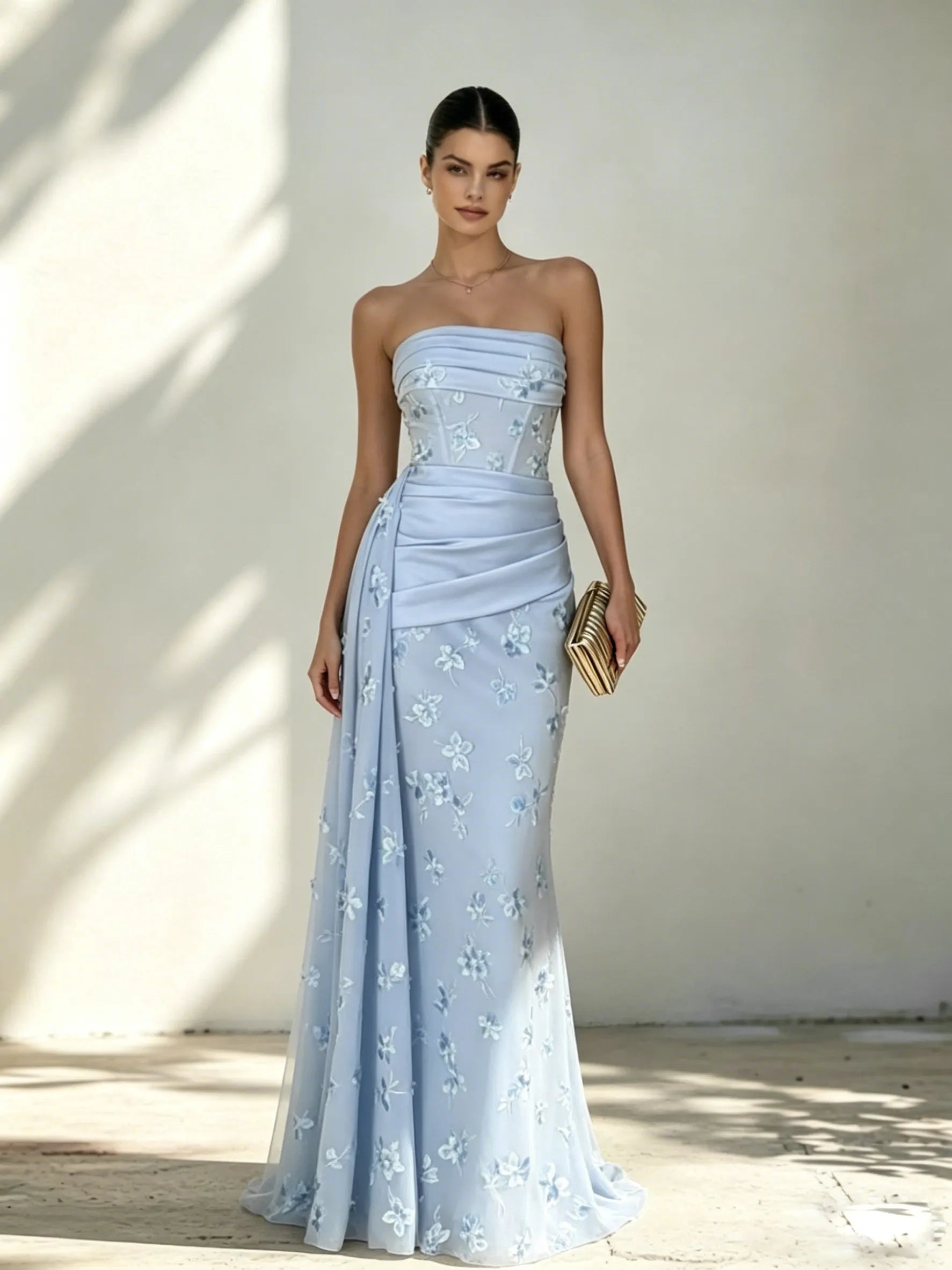 Light Blue Classic Strapless Sleeveless Mermaid Floor-length Gown Dress
