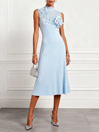 Light Blue 3D Floral Knit Mock Neck Sleeveless A-Line Midi Dress