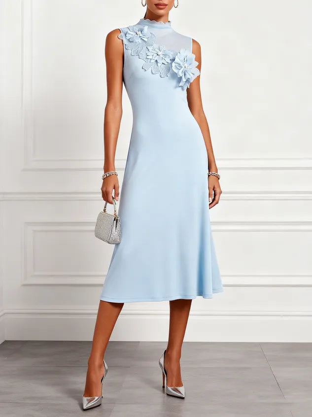 Light Blue 3D Floral Knit Mock Neck Sleeveless A-Line Midi Dress