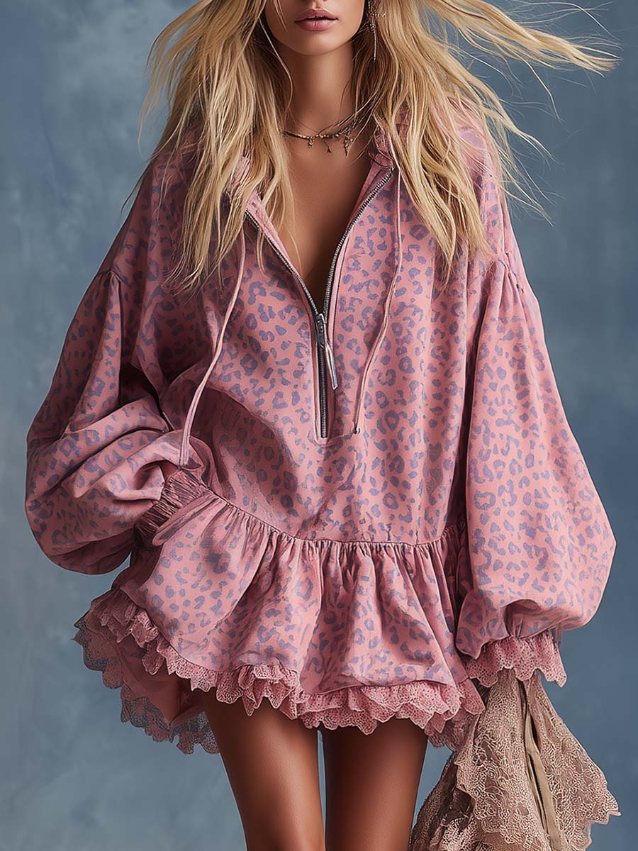 Elegant Western Hooded Front Zipper Ruffled Hem Pink Leopard Print Fuax Suede Mini Dress