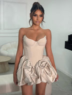 Cocoslly Strapless Sleeveless Short A-Line Pleated Prom Dress With Ruffles And Flower | Light Champage Satin ZA0278