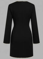 Black Faux Pearl Cut Out Classic Crew Neck Long Sleeve Sheath Mini Dress