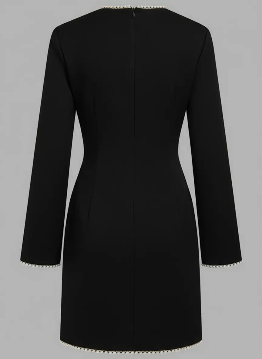 Black Faux Pearl Cut Out Classic Crew Neck Long Sleeve Sheath Mini Dress