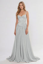 Cocoslly Spaghetti Straps Sleeveless High Waist Long Prom Dress With Appliques | Pink Satin