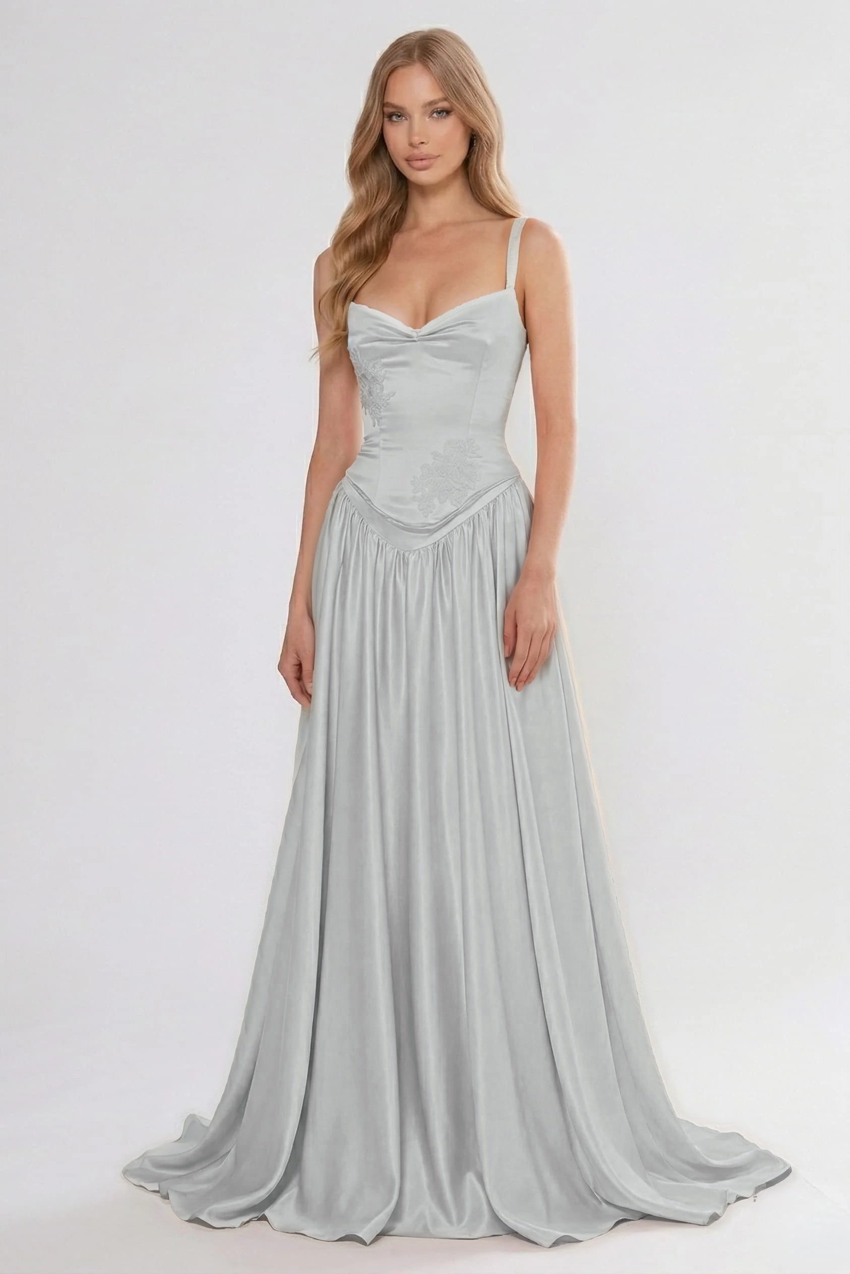 Cocoslly Spaghetti Straps Sleeveless High Waist Long Prom Dress With Appliques | Pink Satin