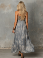 Vintage-style Bohemian Oil Painting Print Dusty Blue Cotton-linen Maxi Dress