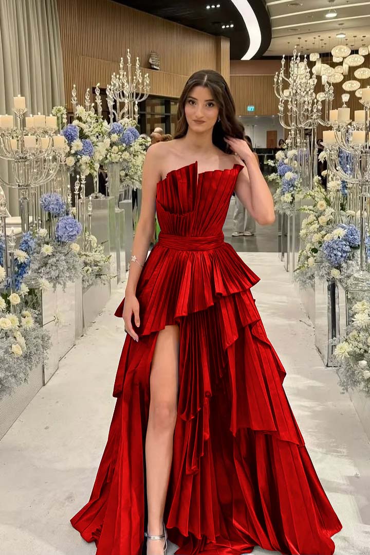 Charming Strapless Sleeveless Long Split Prom Dress With Pleated MS0456
