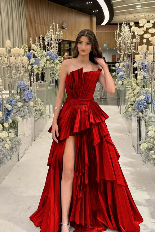 Charming Strapless Sleeveless Long Split Prom Dress With Pleated MS0456