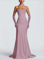 Strapless Sleeveless Long Pleated Mermaid Prom Dress With Ruffles And Gloves YK0718