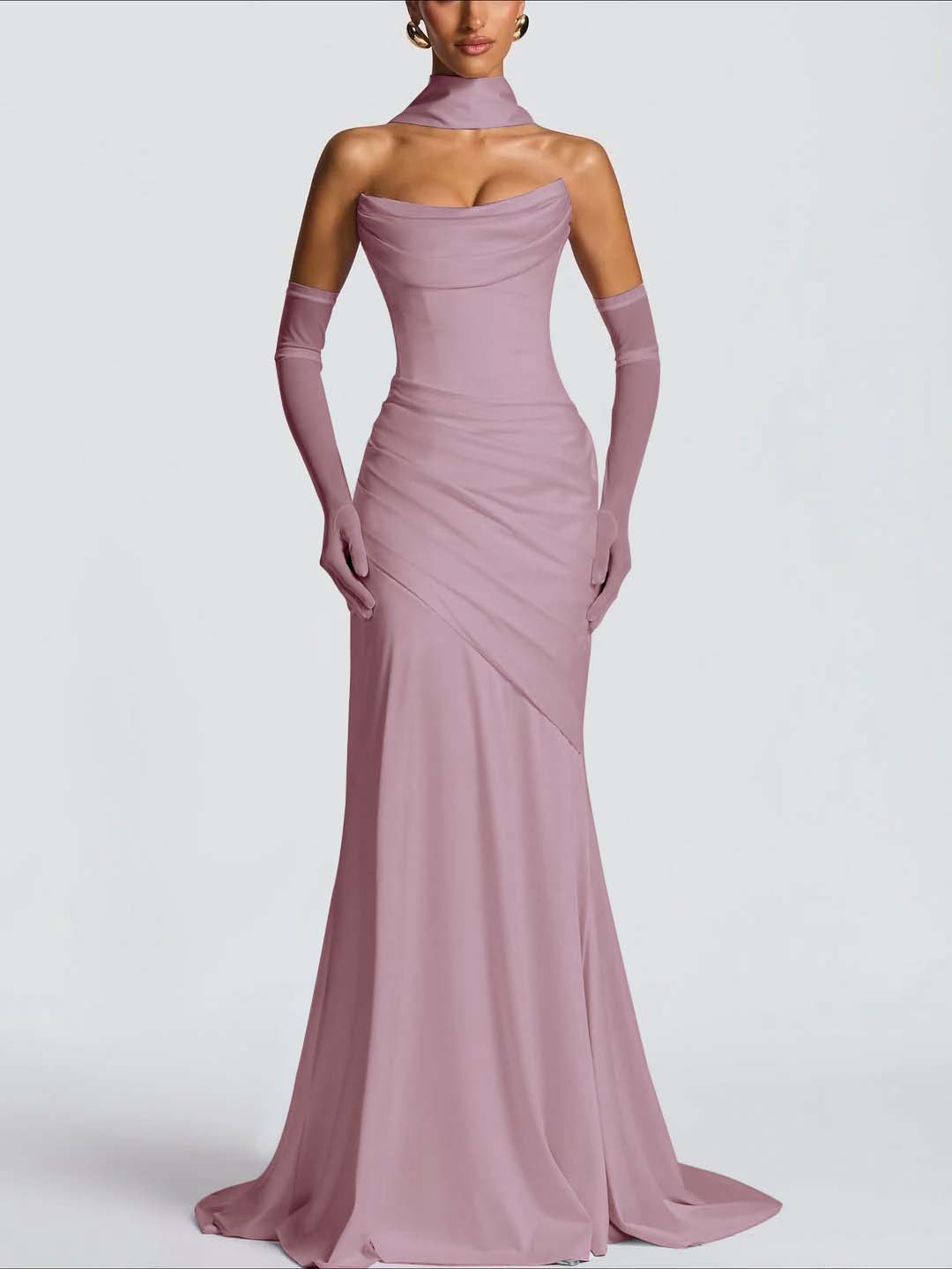 Strapless Sleeveless Long Pleated Mermaid Prom Dress With Ruffles And Gloves YK0718