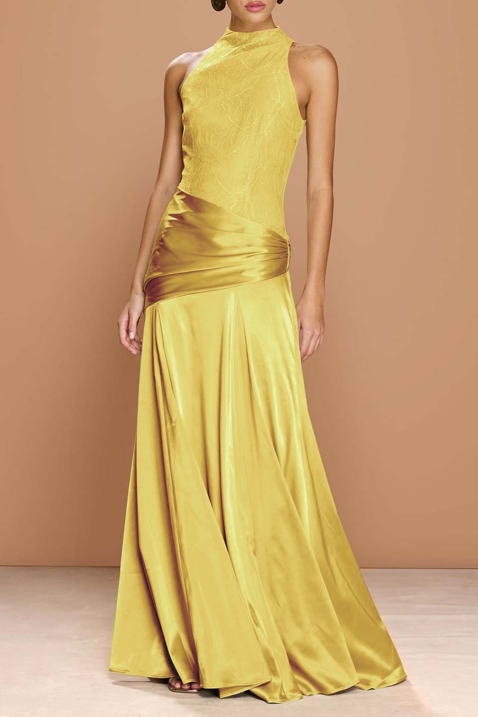 Cocoslly High-Neck Sleeveless Long Pleated Mermaid Prom Dress With Embroidery | Sage Green Satin ZA0147