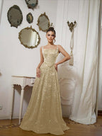 Square Neck Spaghetti Straps Sleeveless Long A-Line Prom Dress With Sequins And High Beadings YK0573