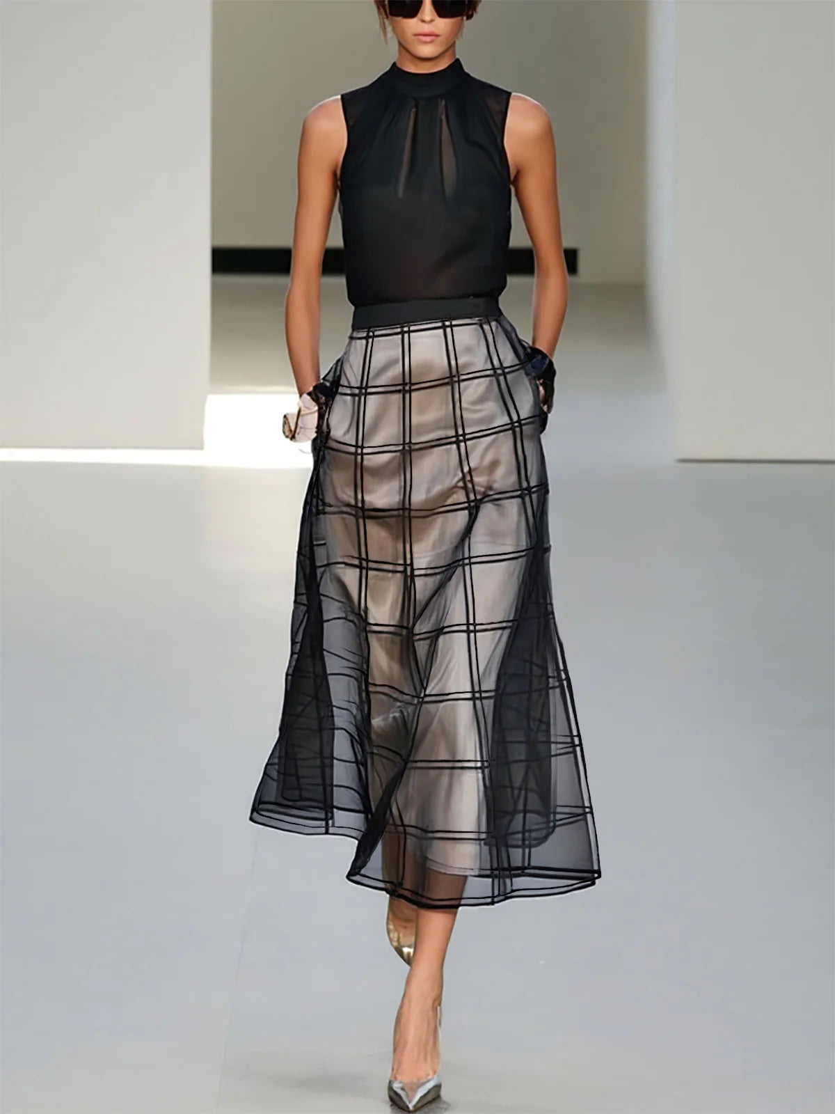 Black Organza Plaid Classic Mock Neck Sleeveless A-Line Midi Dress