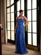Cocoslly Spaghetti Straps Sleeveless High Waist Long Prom Dress With Rhinstone And Beading Pearls | Nude Sequins LX0091