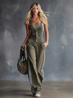 Retro Fashion Sports V-Neck Front-Zip Olive Green Cotton Overalls Jumpsuit