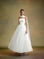 Tulle Strapless Sleeveless Long A-Line Prom Dress With Pleated And Ruffles YK0659