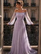 Cocoslly Off-The-Shoulder Long Sleeves High Waist Long Prom Dress With Sequins | Mist Mint Green Tulle LX0086