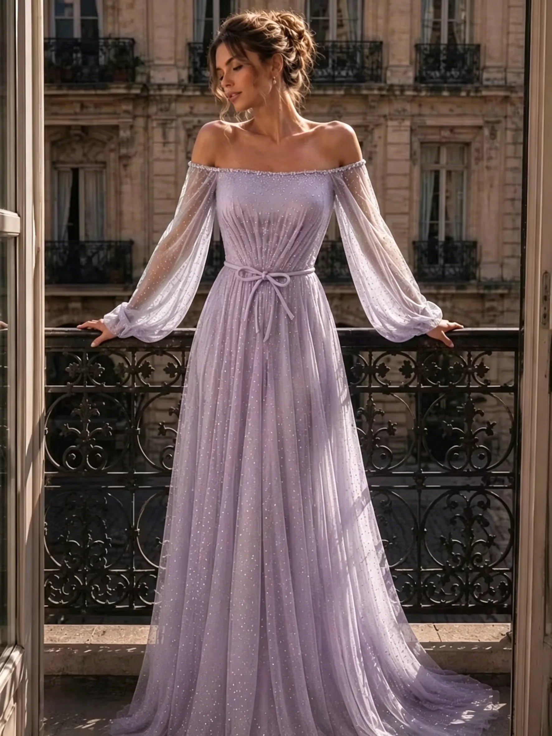 Cocoslly Off-The-Shoulder Long Sleeves High Waist Long Prom Dress With Sequins | Mist Mint Green Tulle LX0086