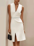White V Neck Sleeveless Rhinestone Slit A-Line Midi Dress