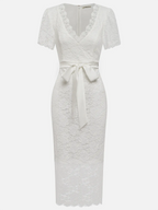 White Bow Lace V Neck Short Sleeve Sheath Midi Dress