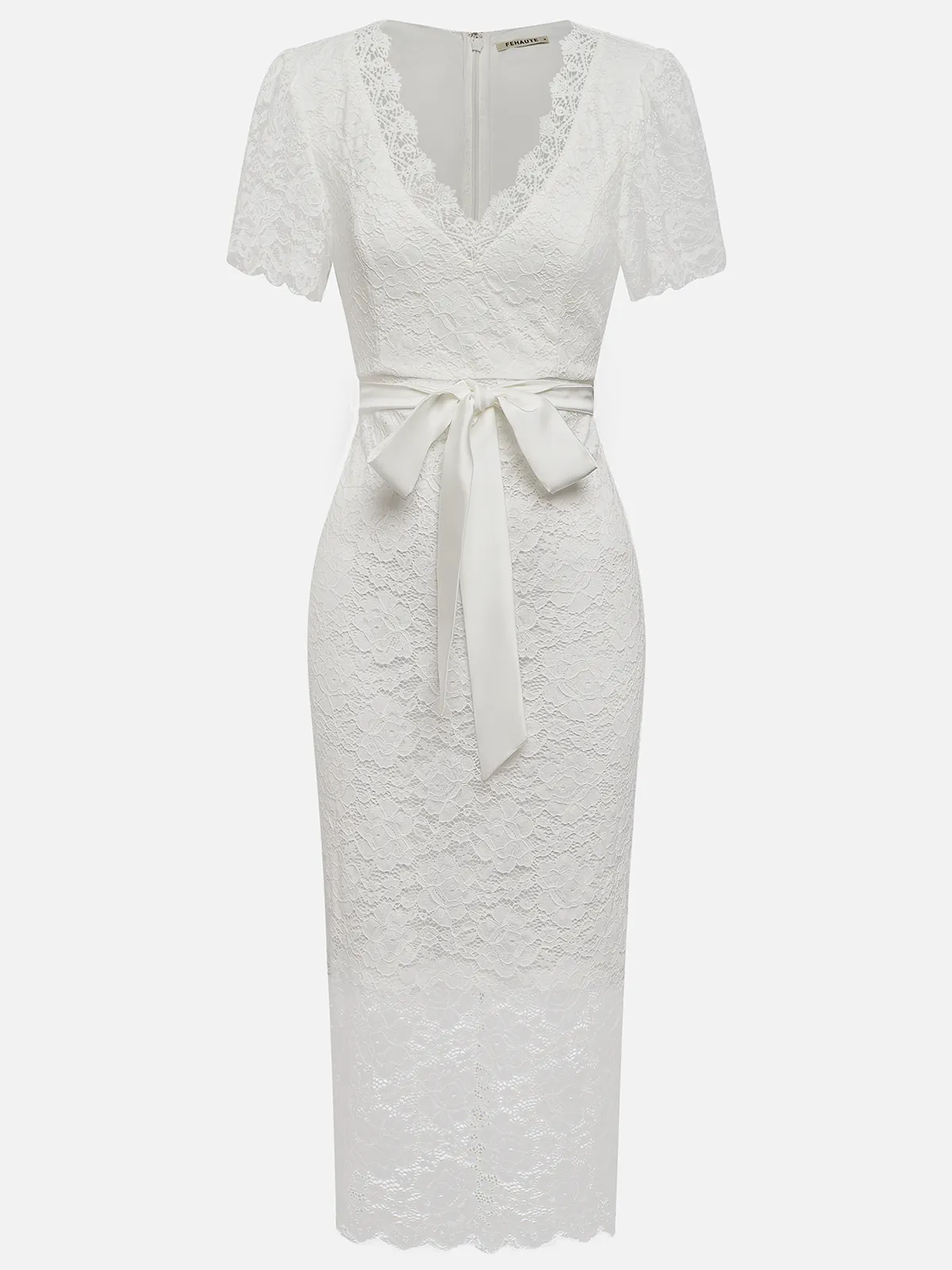 White Bow Lace V Neck Short Sleeve Sheath Midi Dress