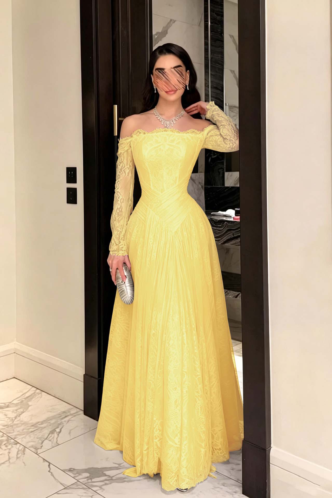 Cocoslly Strapless Long Sleeves High Waist Long Prom Dress With Pleated | Ink Blue Lace YC0488